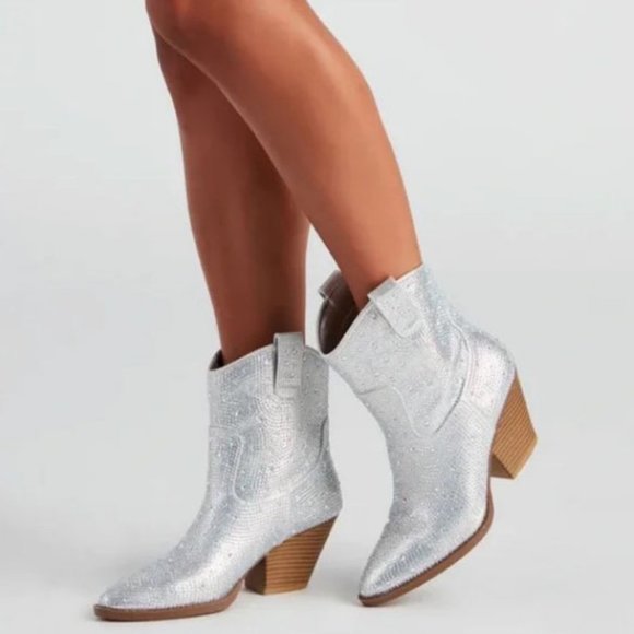 New Women Silver Rhinestone Sparkly Cowboy Western Boots - Picture 2 of 8